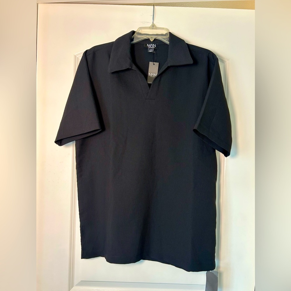 Boohoo Black Classic Ribbed Polo Shirt Short Sleeve NWT SZ M